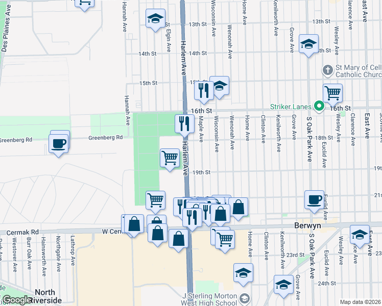 map of restaurants, bars, coffee shops, grocery stores, and more near 1821 South Harlem Avenue in Berwyn