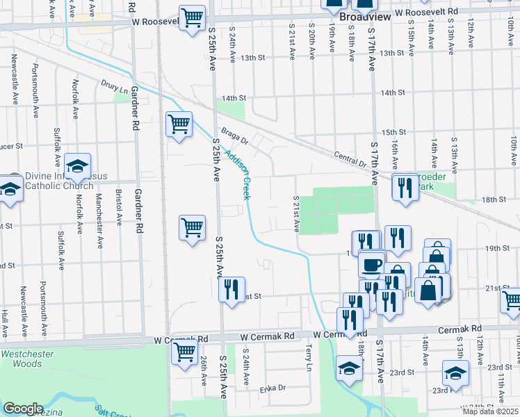 map of restaurants, bars, coffee shops, grocery stores, and more near in Maywood