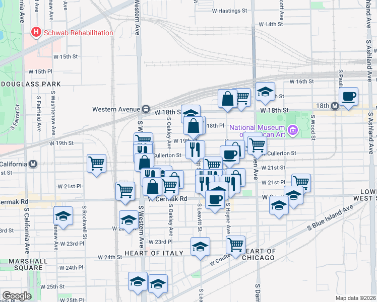 map of restaurants, bars, coffee shops, grocery stores, and more near 2218 West Cullerton Street in Chicago