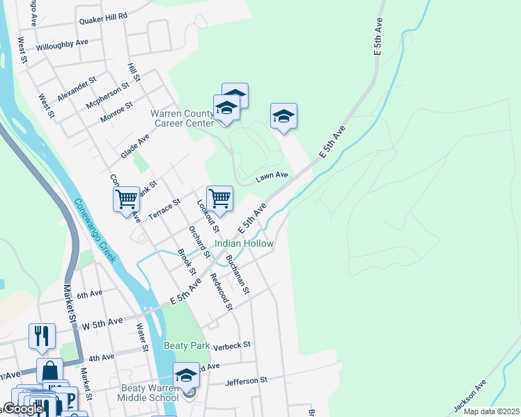 map of restaurants, bars, coffee shops, grocery stores, and more near 347 East 5th Avenue in Warren