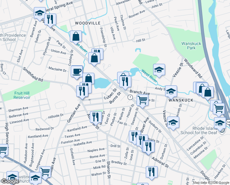 map of restaurants, bars, coffee shops, grocery stores, and more near 32 Burns Street in Providence