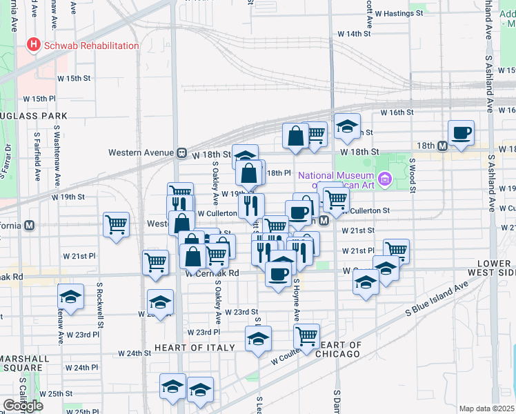 map of restaurants, bars, coffee shops, grocery stores, and more near 2006 South Leavitt Street in Chicago