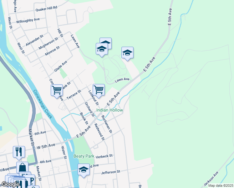 map of restaurants, bars, coffee shops, grocery stores, and more near 349 East 5th Avenue in Warren