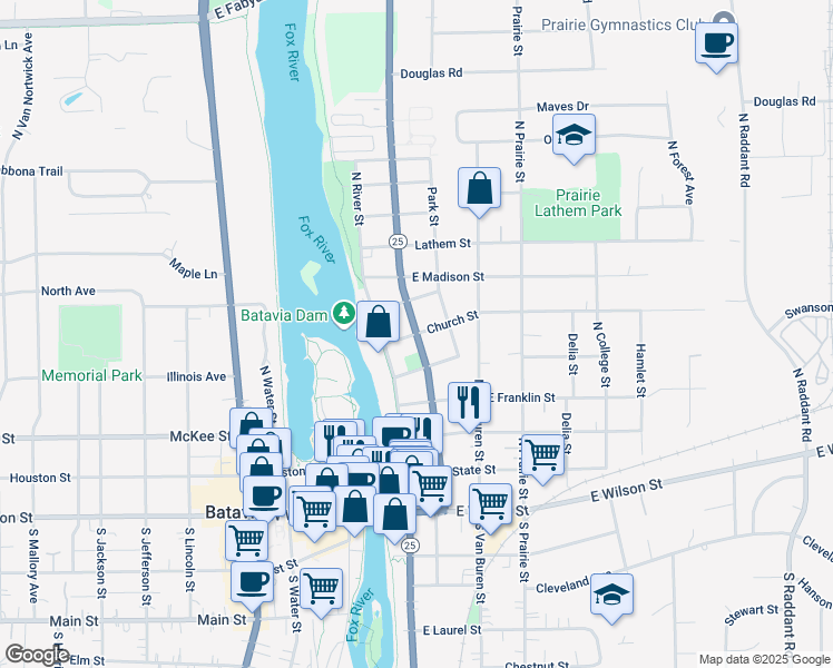 map of restaurants, bars, coffee shops, grocery stores, and more near Rte 25 in Batavia