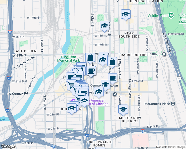 map of restaurants, bars, coffee shops, grocery stores, and more near South Archer Avenue & South Clark Street in Chicago