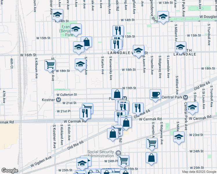 map of restaurants, bars, coffee shops, grocery stores, and more near 1860 South Komensky Avenue in Chicago