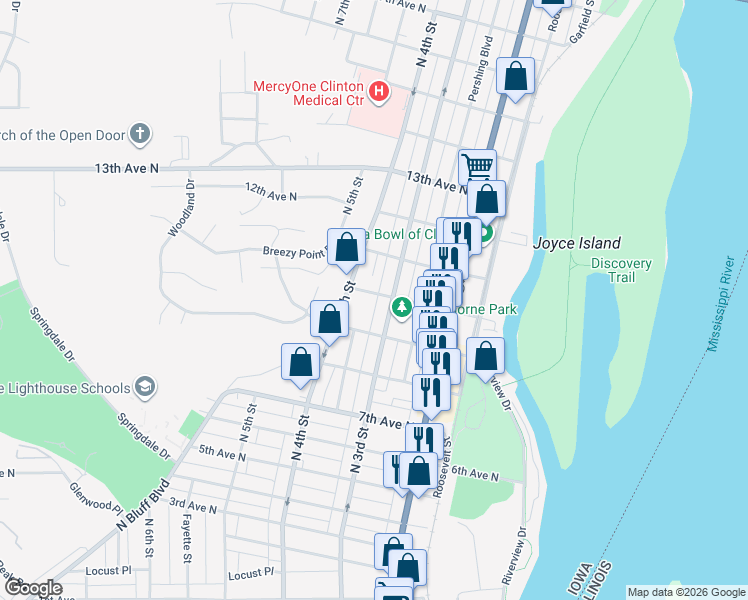 map of restaurants, bars, coffee shops, grocery stores, and more near 900-998 N 3rd St in Clinton