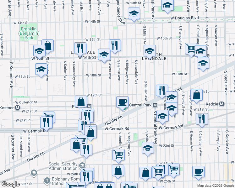 map of restaurants, bars, coffee shops, grocery stores, and more near 1918 South Hamlin Avenue in Chicago