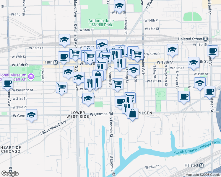 map of restaurants, bars, coffee shops, grocery stores, and more near S Loomis St & W Cullerton St in Chicago