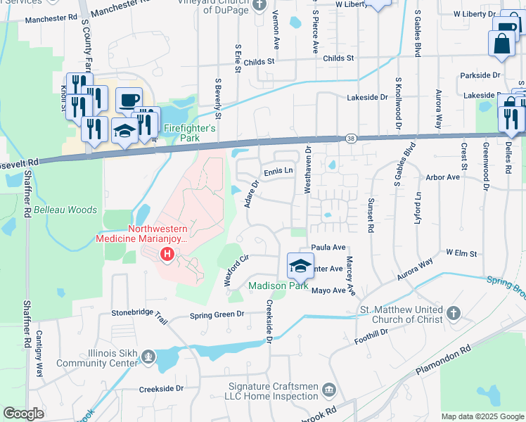 map of restaurants, bars, coffee shops, grocery stores, and more near 1079 Creekside Drive in Wheaton