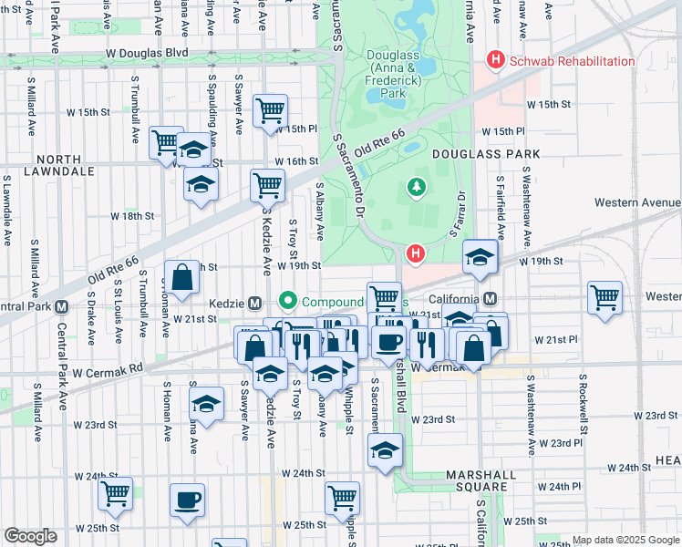 map of restaurants, bars, coffee shops, grocery stores, and more near 3045 West Cullerton Street in Chicago