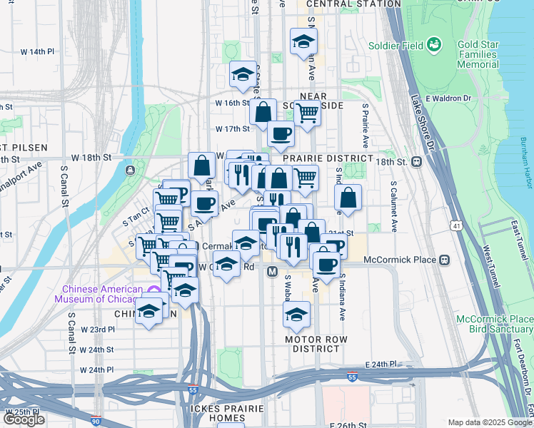 map of restaurants, bars, coffee shops, grocery stores, and more near 2105 South State Street in Chicago