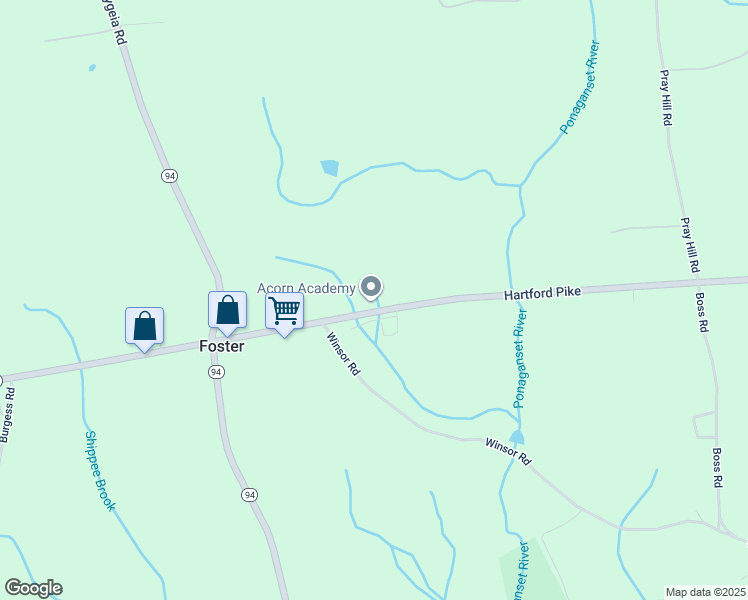 map of restaurants, bars, coffee shops, grocery stores, and more near 174 Hartford Pike in Foster