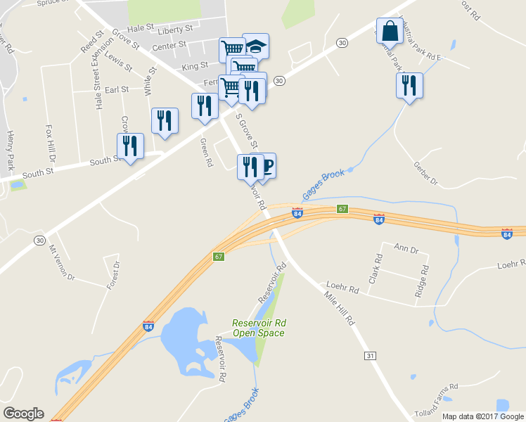 map of restaurants, bars, coffee shops, grocery stores, and more near Interstate 84 in VERNON ROCKVL