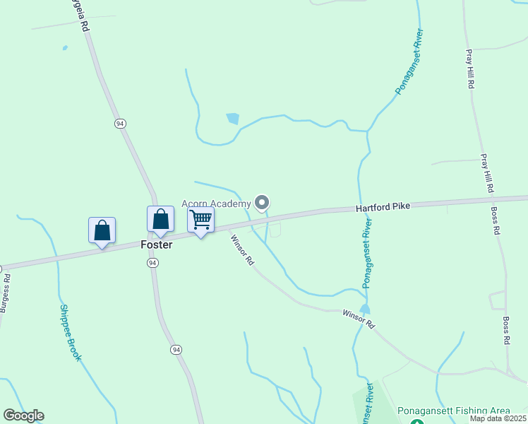 map of restaurants, bars, coffee shops, grocery stores, and more near 174 Hartford Pike in Foster