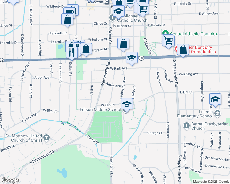 map of restaurants, bars, coffee shops, grocery stores, and more near 1012 James Court in Wheaton