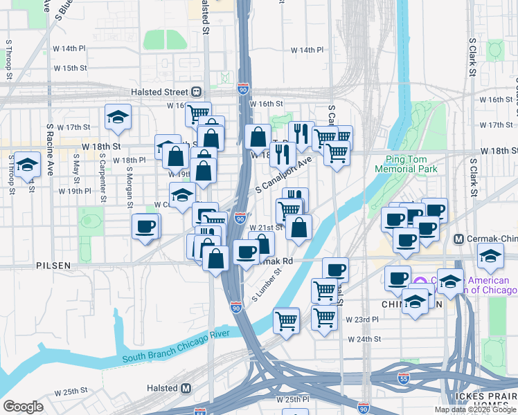 map of restaurants, bars, coffee shops, grocery stores, and more near 638 West 21st Street in Chicago