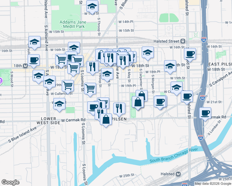 map of restaurants, bars, coffee shops, grocery stores, and more near 1946 South Racine Avenue in Chicago