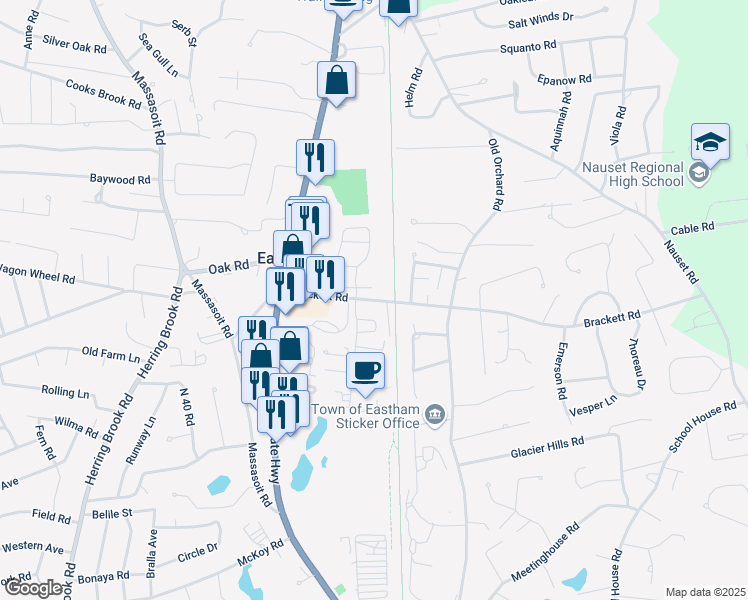 map of restaurants, bars, coffee shops, grocery stores, and more near 25 Holmes Road in Eastham