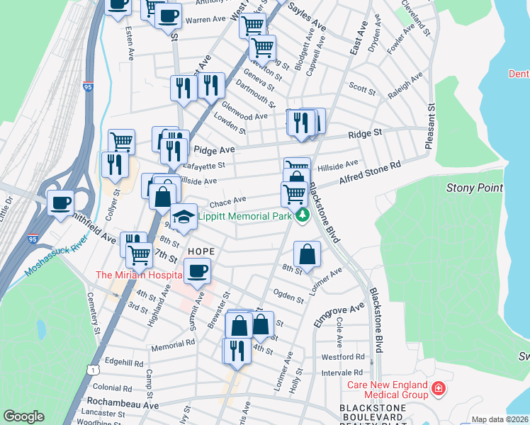 map of restaurants, bars, coffee shops, grocery stores, and more near 93 11th Street in Providence