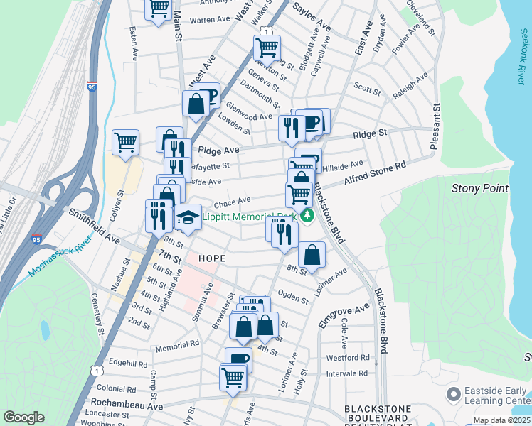 map of restaurants, bars, coffee shops, grocery stores, and more near 93 11th Street in Providence