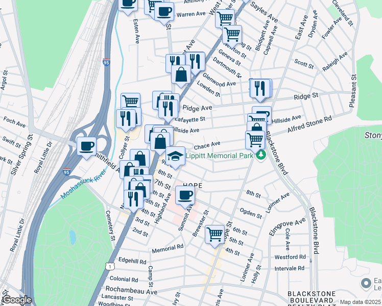 map of restaurants, bars, coffee shops, grocery stores, and more near 84 10th Street in Providence