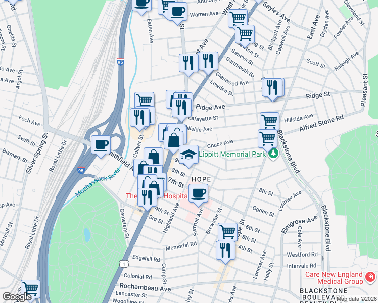 map of restaurants, bars, coffee shops, grocery stores, and more near 46 9th Street in Providence