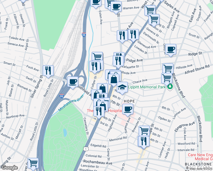 map of restaurants, bars, coffee shops, grocery stores, and more near 170 Nashua Street in Providence