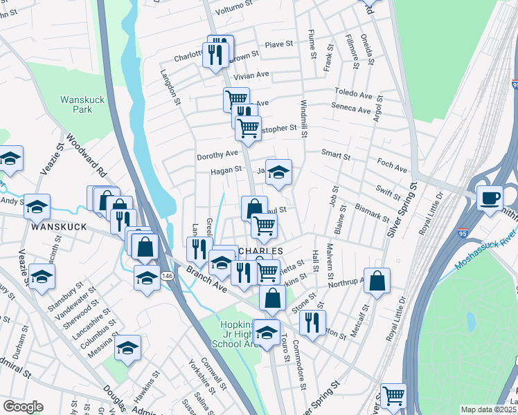 map of restaurants, bars, coffee shops, grocery stores, and more near 650 Charles Street in Providence