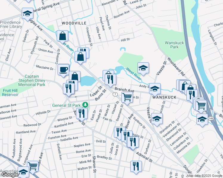map of restaurants, bars, coffee shops, grocery stores, and more near 12 Atlas Street in Providence