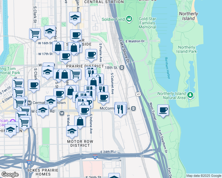 map of restaurants, bars, coffee shops, grocery stores, and more near 320 East 21st Street in Chicago