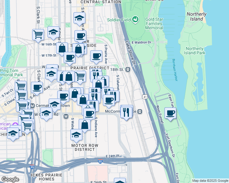 map of restaurants, bars, coffee shops, grocery stores, and more near 320 East 21st Street in Chicago