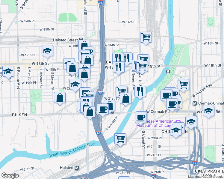 map of restaurants, bars, coffee shops, grocery stores, and more near 638 West 21st Street in Chicago