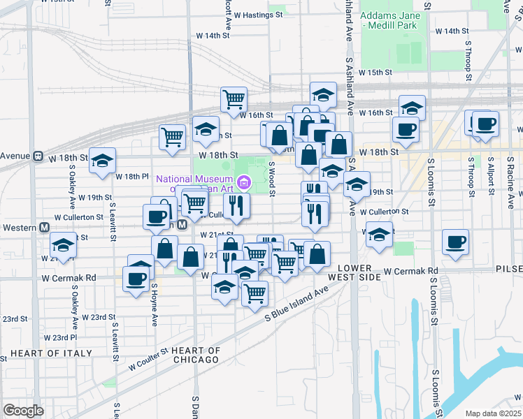 map of restaurants, bars, coffee shops, grocery stores, and more near 1822 West 21st Street in Chicago