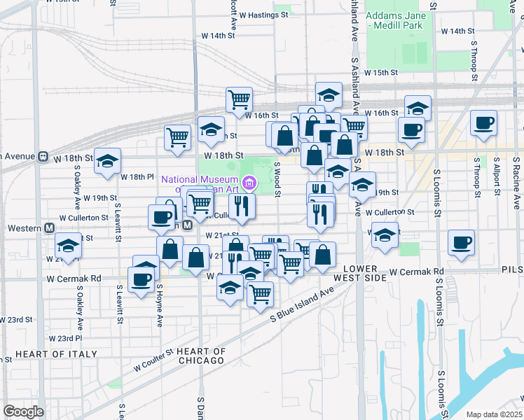 map of restaurants, bars, coffee shops, grocery stores, and more near 1822 West 21st Street in Chicago