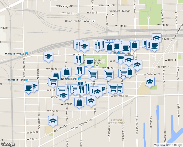 map of restaurants, bars, coffee shops, grocery stores, and more near 1900 West 21st Street in Chicago