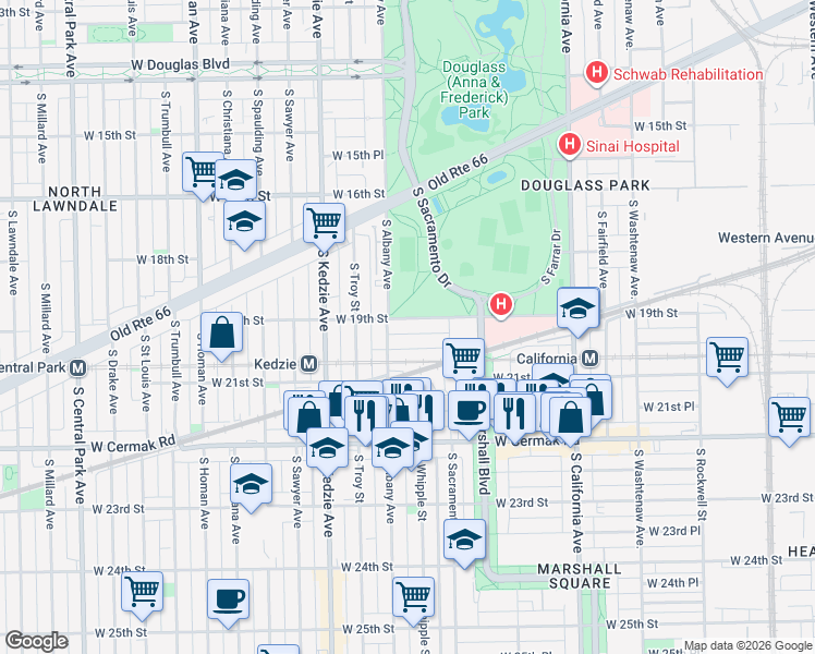 map of restaurants, bars, coffee shops, grocery stores, and more near 3045 West Cullerton Street in Chicago