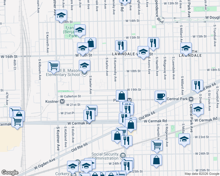 map of restaurants, bars, coffee shops, grocery stores, and more near 4100 West Cullerton Street in Chicago