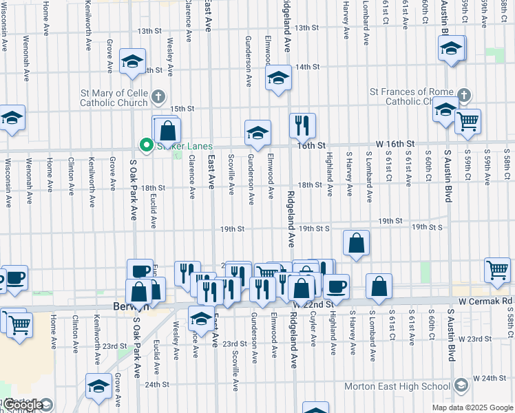 map of restaurants, bars, coffee shops, grocery stores, and more near 1849 Gunderson Avenue in Berwyn
