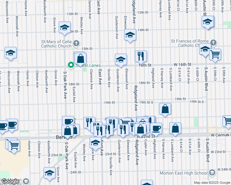 map of restaurants, bars, coffee shops, grocery stores, and more near 1849 Gunderson Avenue in Berwyn