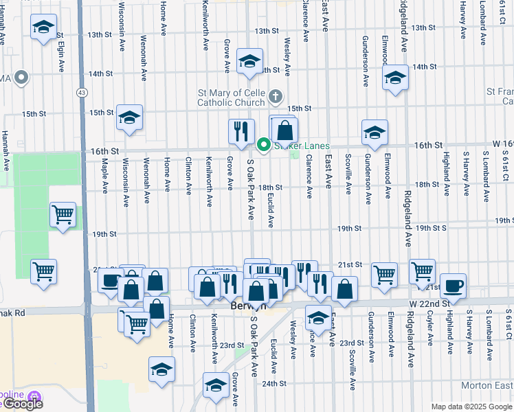 map of restaurants, bars, coffee shops, grocery stores, and more near 1841 South Oak Park Avenue in Berwyn