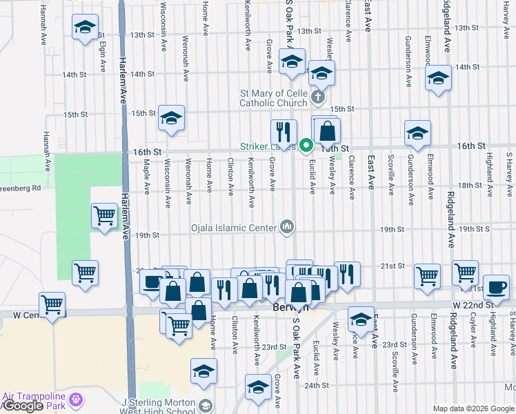 map of restaurants, bars, coffee shops, grocery stores, and more near 1844 Grove Avenue in Berwyn