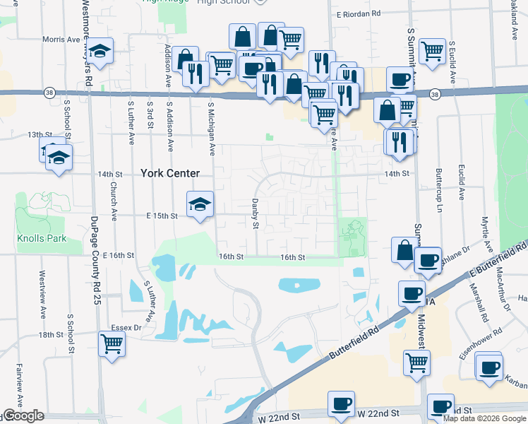 map of restaurants, bars, coffee shops, grocery stores, and more near 1S289 Danby Street in Villa Park