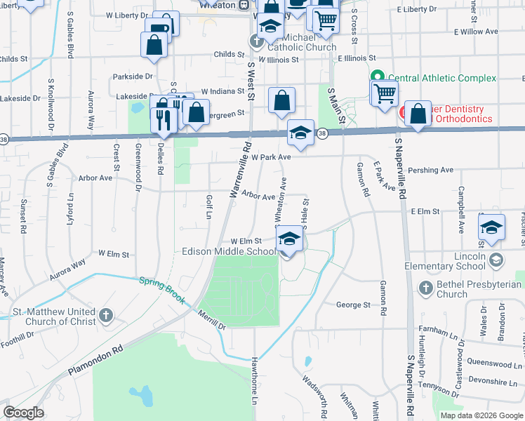 map of restaurants, bars, coffee shops, grocery stores, and more near 1012 James Court in Wheaton