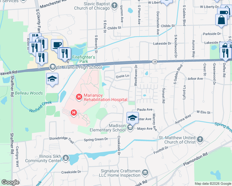 map of restaurants, bars, coffee shops, grocery stores, and more near 1079 Creekside Drive in Wheaton