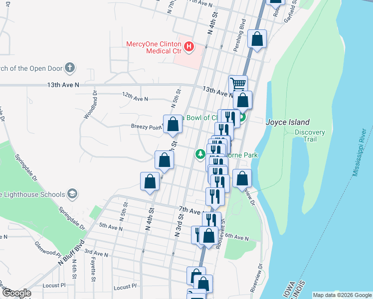map of restaurants, bars, coffee shops, grocery stores, and more near 900-998 N 3rd St in Clinton