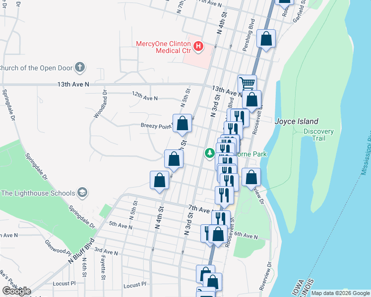 map of restaurants, bars, coffee shops, grocery stores, and more near 909 North 4th Street in Clinton