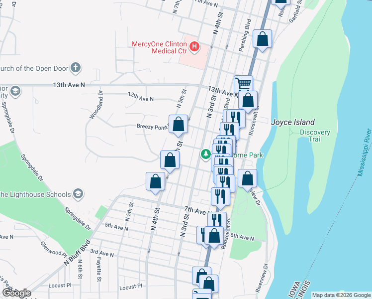 map of restaurants, bars, coffee shops, grocery stores, and more near 323 10th Avenue North in Clinton