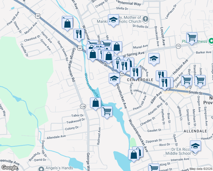 map of restaurants, bars, coffee shops, grocery stores, and more near 29 Stevens Street in North Providence