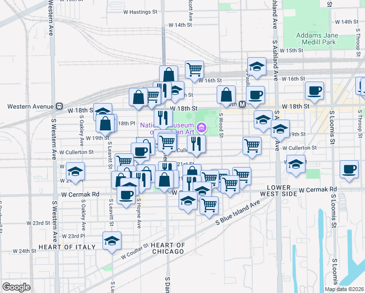 map of restaurants, bars, coffee shops, grocery stores, and more near 1936 West 21st Street in Chicago